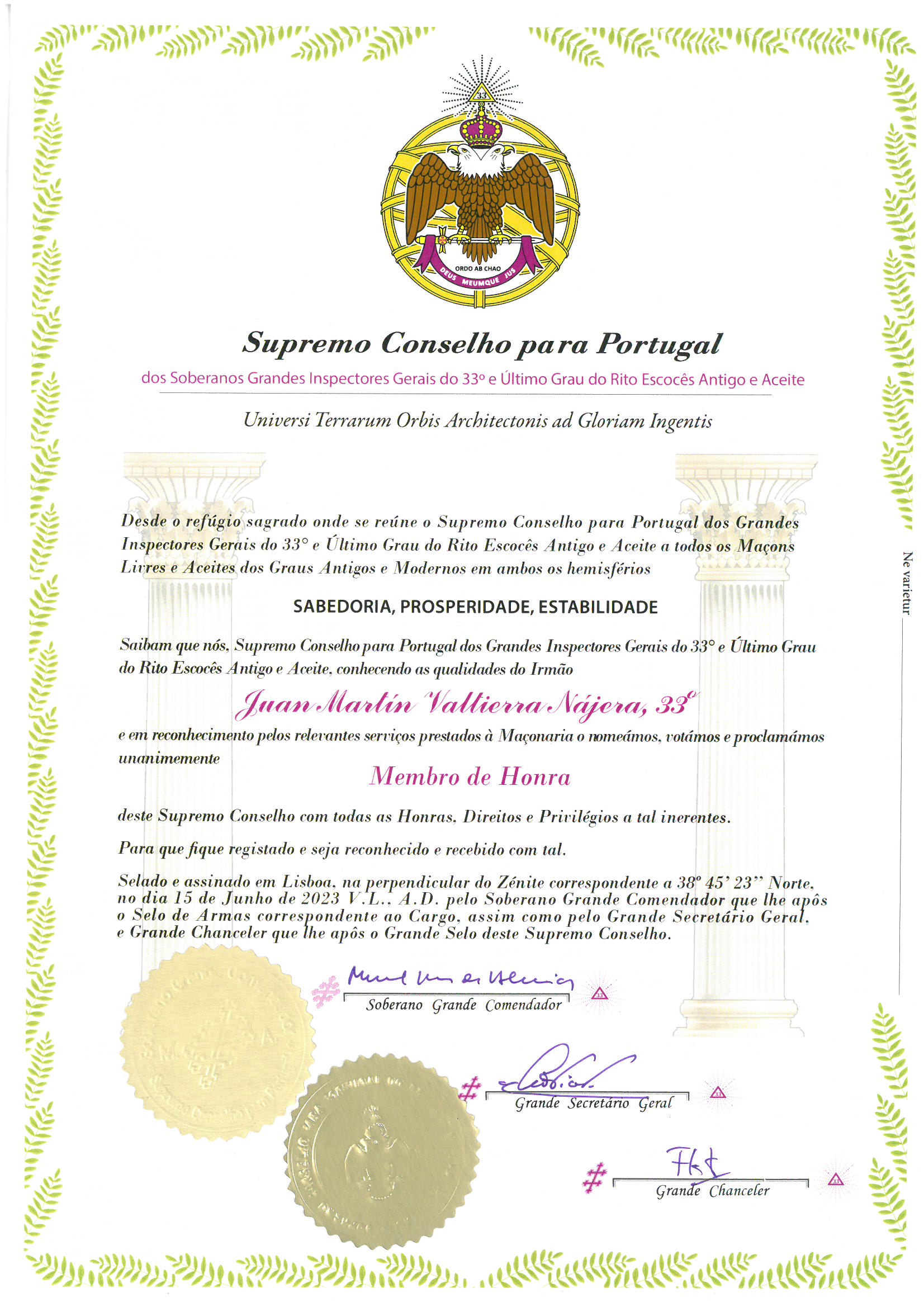 Diploma de Miembro de Honor del SC de Portugal